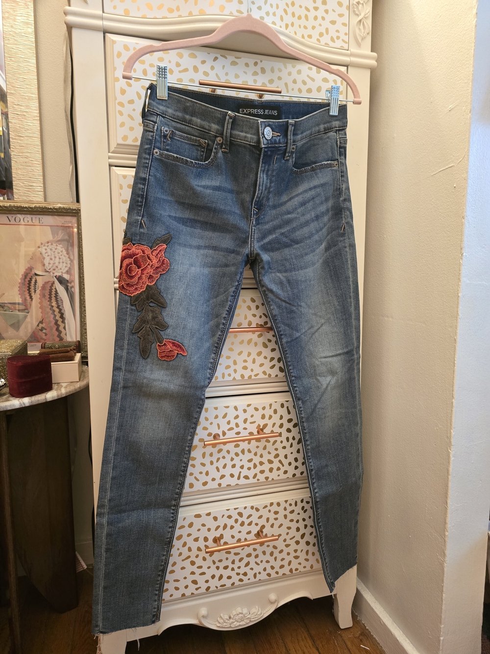 Express Jeans Blue Denim Patchwork Rose Applique